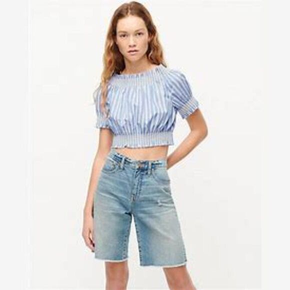 J.Crew puff-sleeve smocked crop top with baby blue/white stripes - Medium - Picture 1 of 12